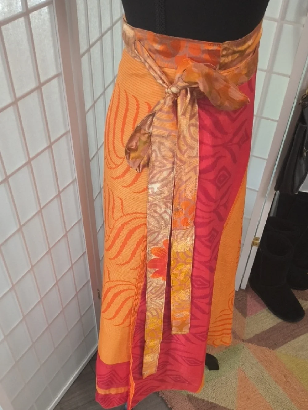 VINTAGE Silk Sari Reversible Wrap Skirt - Red & Orange - Darn Good Yarn - Picture 15 of 17